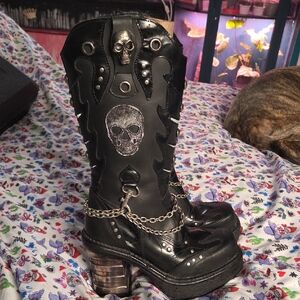 Skull Embellished Black Boots with Chains